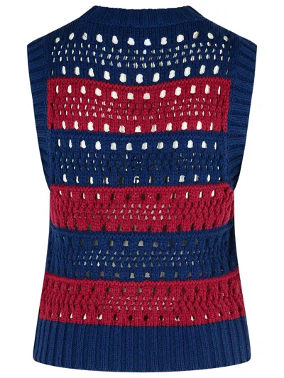 Ganni Striped Openwork Vest With Logo Inlay In Blue