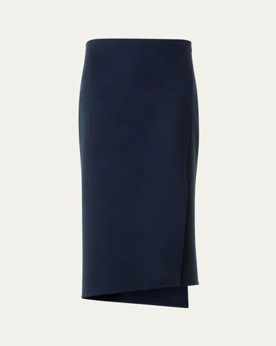 Akris Asymmetric Trapezoid Wool Flannel Double-face Midi Skirt In Blue