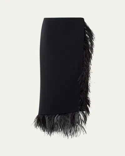 Akris Feather-trim Wool Stretch Double Face Midi Wrap Skirt In Black