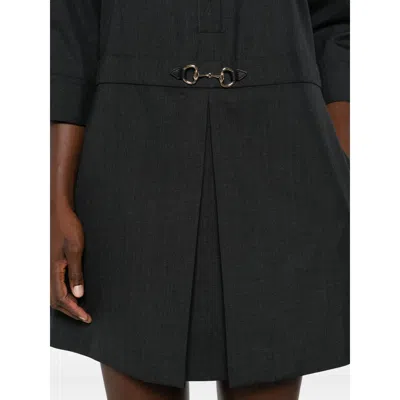 Gucci Womens Horsebit Long-sleeves Wool Mini Dress Ardesia Grey In Black