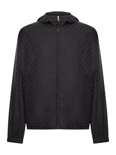Gucci Men Gg Jacquard Nylon Zip-up Jacket In Black