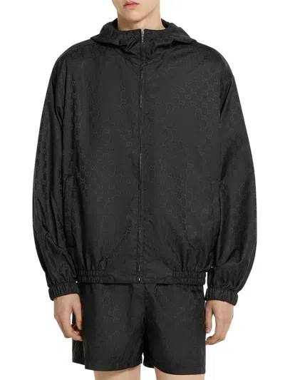 Gucci Men Gg Jacquard Nylon Zip-up Jacket In Black