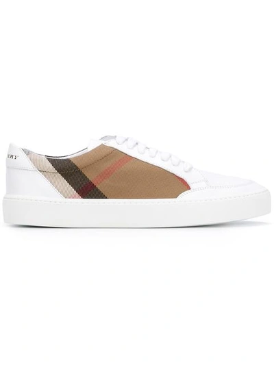 Shop Burberry Check Detail Leather Sneakers In White