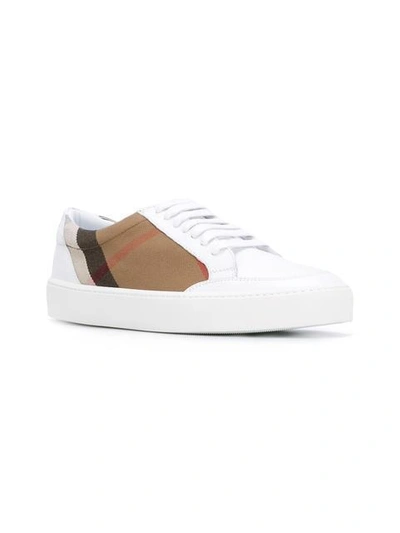 Shop Burberry Check Detail Leather Sneakers In White