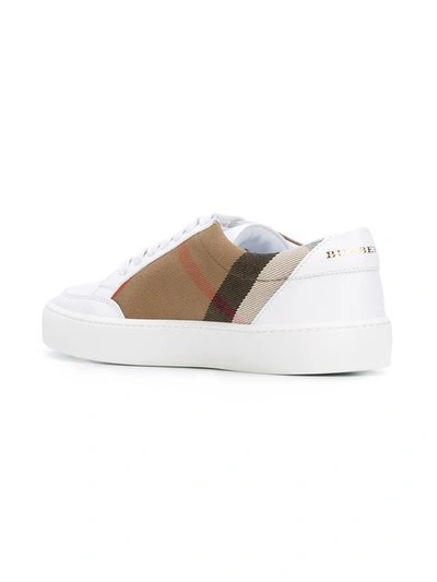 Shop Burberry Check Detail Leather Sneakers In White