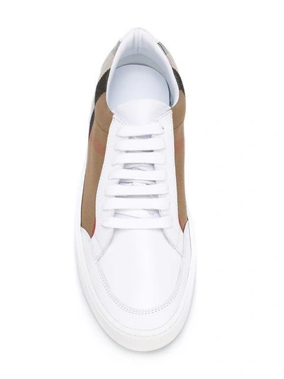 Shop Burberry Check Detail Leather Sneakers In White