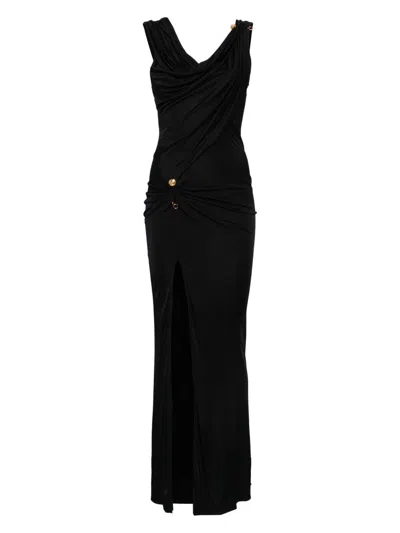 Versace Embellished Draped Stretch-jersey Gown In Black