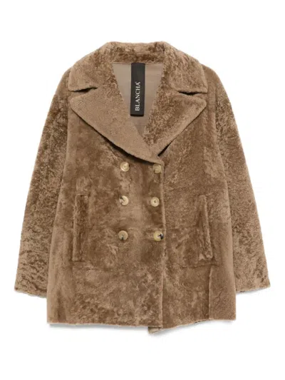 Blancha Double-breasted Shearling Coat In Brown
