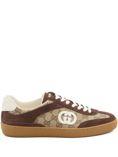 Gucci Men G75 Low-top Supreme Gg Fabric And Suede Sneakers In Brown