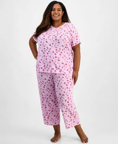 Charter Club Plus Size Cotton Essential Button-down Pajama Set, Created For Macy's In Pink