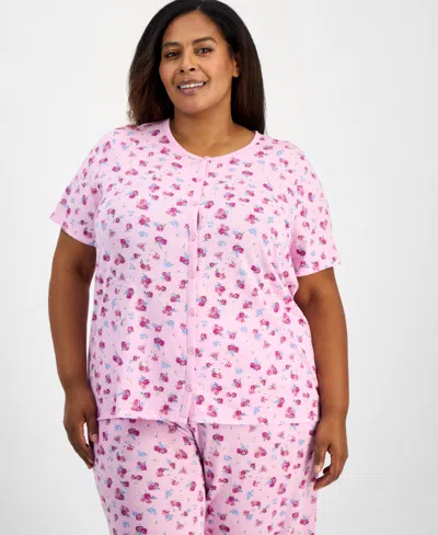 Charter Club Plus Size Cotton Essential Button-down Pajama Set, Created For Macy's In Pink