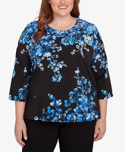 Alfred Dunner Plus Size Floral Asymmetric Three Quarter Sleeve Top In Multi