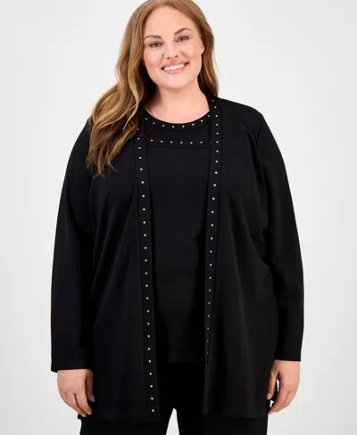 Anne Klein Plus Size Stud-trim Open-front Cardigan In Black