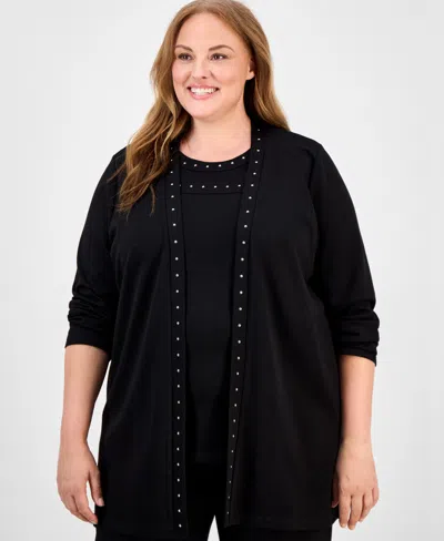 Anne Klein Plus Size Stud-trim Open-front Cardigan In Black
