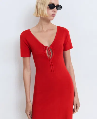 Mango Knitted Dress With Bow Neckline Red In Red