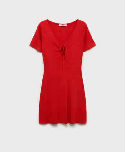 Mango Knitted Dress With Bow Neckline Red In Red