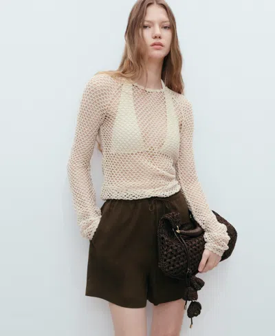 Mango Straight-fit Linen Shorts With Drawstring Khaki In Brown