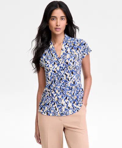 Kasper Women's Pleated V-neck Cap-sleeve Blouse, Regular & Petite In Blue