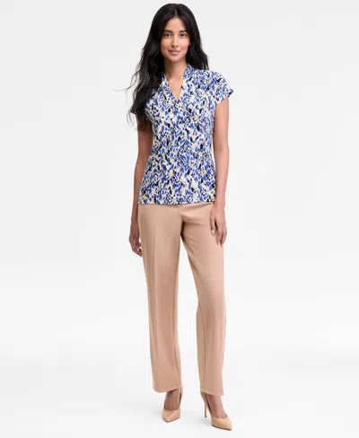 Kasper Women's Pleated V-neck Cap-sleeve Blouse, Regular & Petite In Blue