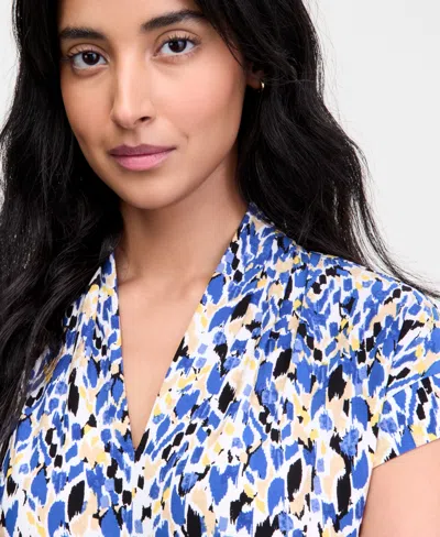 Kasper Women's Pleated V-neck Cap-sleeve Blouse, Regular & Petite In Blue