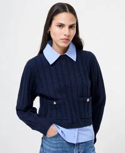 French Connection Ellie Knit Collared Pullover Sweater In Navy Blue