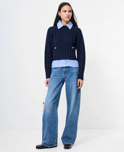 French Connection Ellie Knit Collared Pullover Sweater In Navy Blue