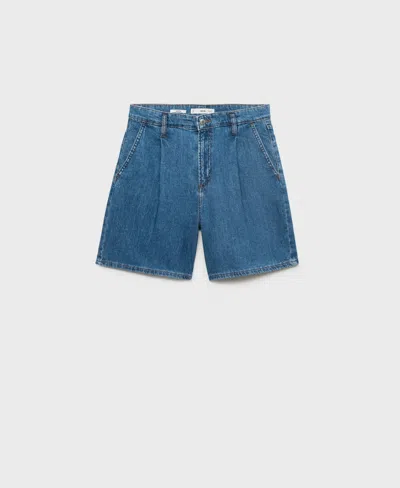 Mango Mid-rise Denim Bermuda Shorts With Pleats Medium Blue In Blue