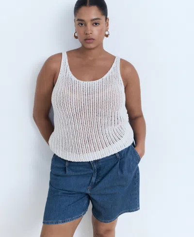 Mango Mid-rise Denim Bermuda Shorts With Pleats Medium Blue In Blue