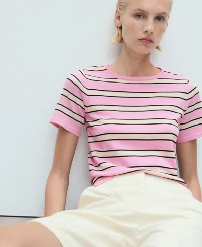 Mango Short-sleeved Sweater With Combined Stripes Pastel Pink In Pink