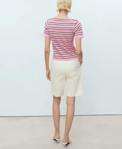 Mango Short-sleeved Sweater With Combined Stripes Pastel Pink In Pink