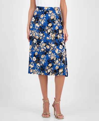Kasper Women's Printed Pull-on Midi Skirt, Regular & Petite In Blue