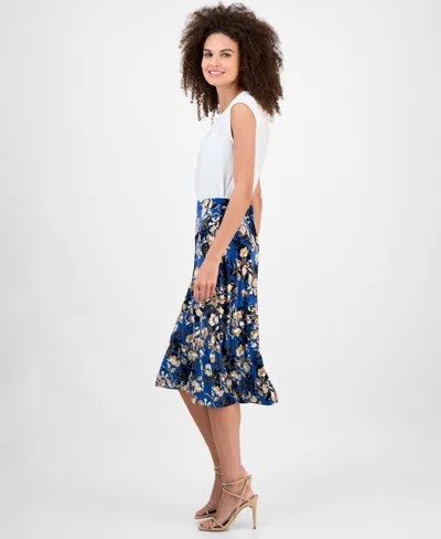 Kasper Women's Printed Pull-on Midi Skirt, Regular & Petite In Blue