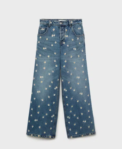 Mango Women's Flower-embroidered Wide Leg Jeans In Blue