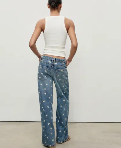 Mango Women's Flower-embroidered Wide Leg Jeans In Blue