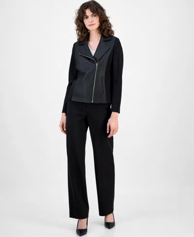 Anne Klein Women's Asymmetrical Mixed-media Moto Jacket In Black