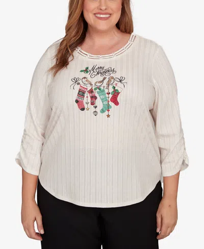 Alfred Dunner Women's Classic Holiday Stockings Print Gathered Sleeve Top In Neutral