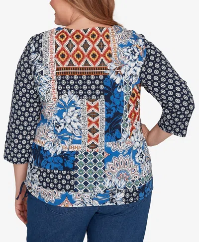 Alfred Dunner Plus Size Batik Patchwork Drawstring Closure Top In Blue
