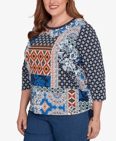 Alfred Dunner Plus Size Batik Patchwork Drawstring Closure Top In Blue