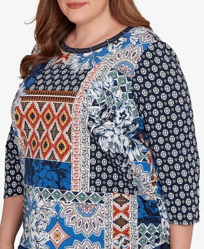 Alfred Dunner Plus Size Batik Patchwork Drawstring Closure Top In Blue