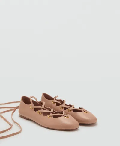 Mango Leather Ballet Flats With Crossed Straps Nude In Brown