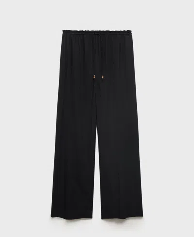 Mango Drawstring Waist Linen Blend Pants In Black