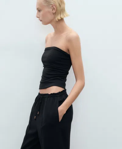 Mango Drawstring Waist Linen Blend Pants In Black