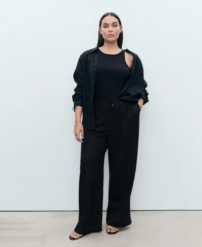 Mango Drawstring Waist Linen Blend Pants In Black