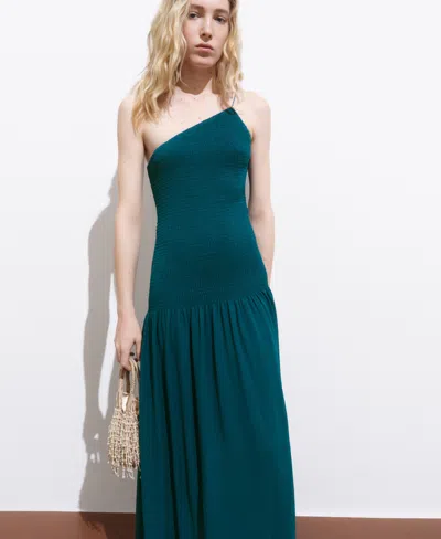 Mango Asymmetric Smocked One-shoulder Midi Dress In Green