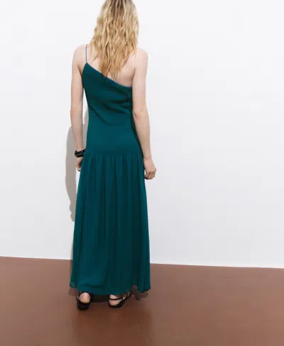 Mango Asymmetric Smocked One-shoulder Midi Dress In Green