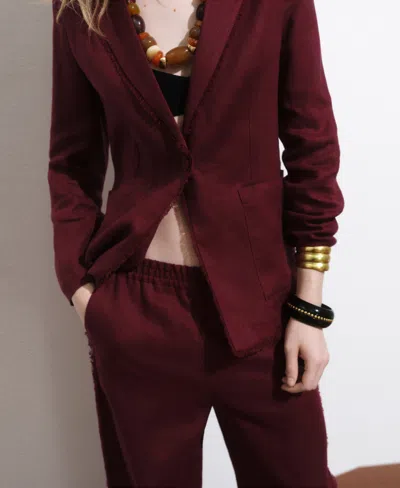 Mango Linen Suit Blazer With Frayed Ends Wine In Burgundy