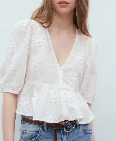 Mango Women's Cotton Embroidered Blouse In White