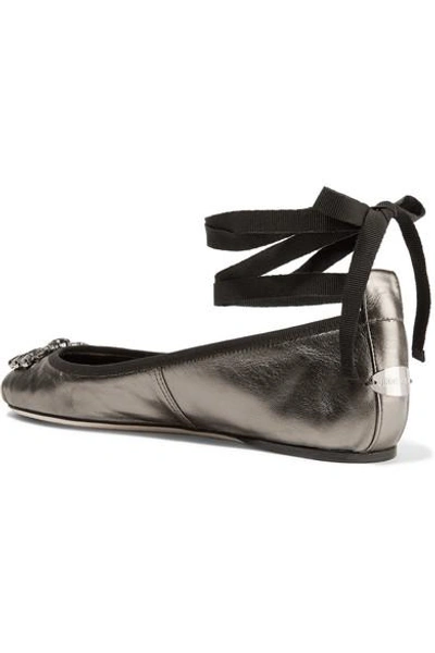 Shop Jimmy Choo Grace Crystal-embellished Metallic Leather Ballet Flats