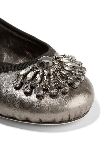 Shop Jimmy Choo Grace Crystal-embellished Metallic Leather Ballet Flats