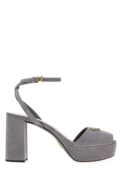Prada Suede Block Heel Sandals With Open Toe In Gray